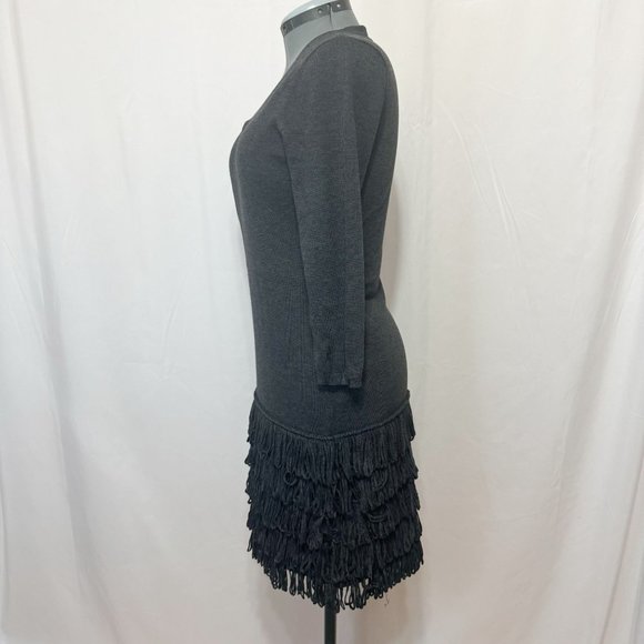 Calvin Klein Sz L Dark Heather Grey 3/4 Sleeves Crew Neck Fringe Sweater Dress - Picture 9 of 14